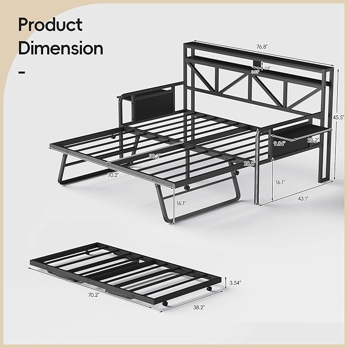 Daybed with Trundle, Heavy Duty Metal Twin Bed Frame with LED Lights & 2-Tier - Image 2
