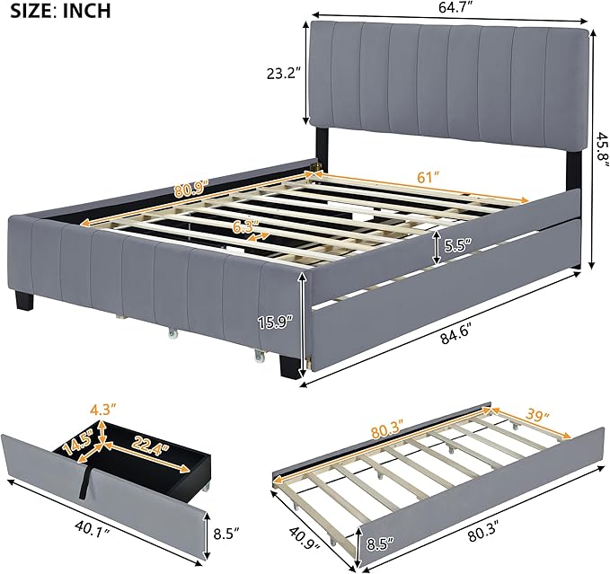 Queen Bed Frame with Trundle Bed, Velvet Upholstered Platform Bed Frame with - Image 2