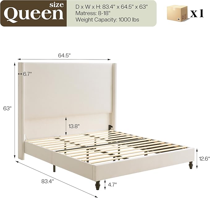 Queen Bed Frame with 63" Tall Headboard, Horizontal Fine Corduroy Bed Frame - Image 2