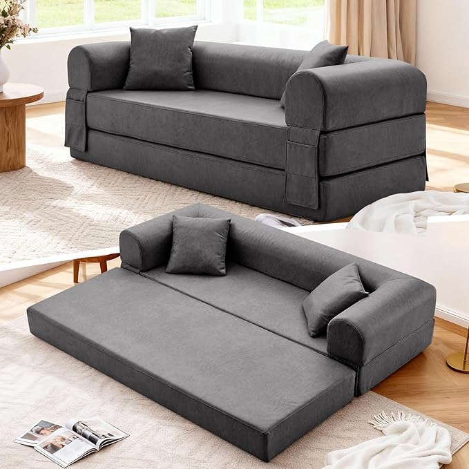 Convertible Folding Sofa Bed, 78.5 Inch Faux Leather Futon Couch by GJQFurniture