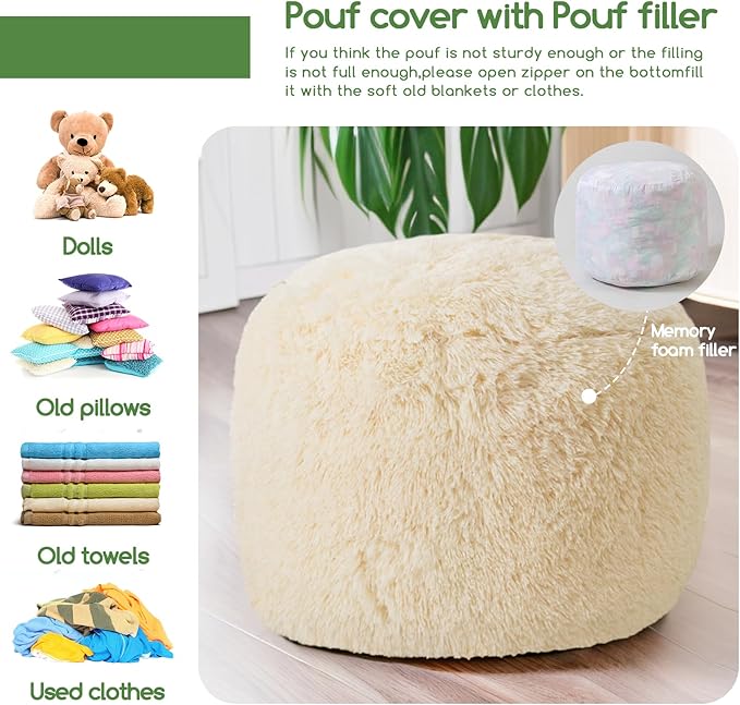 HIGOGOGO Round Stuffed Pouf Ottoman, Long Faux Fur Poufs - Image 3
