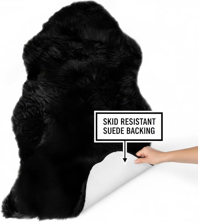Super Area Rugs Black Sheepskin Rug Genuine Single 2x3ft Pelt Fluffy Fur Seat - Image 5