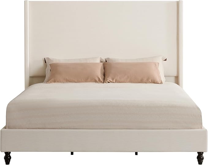Queen Bed Frame with 63" Tall Headboard, Horizontal Fine Corduroy Bed Frame - Image 9