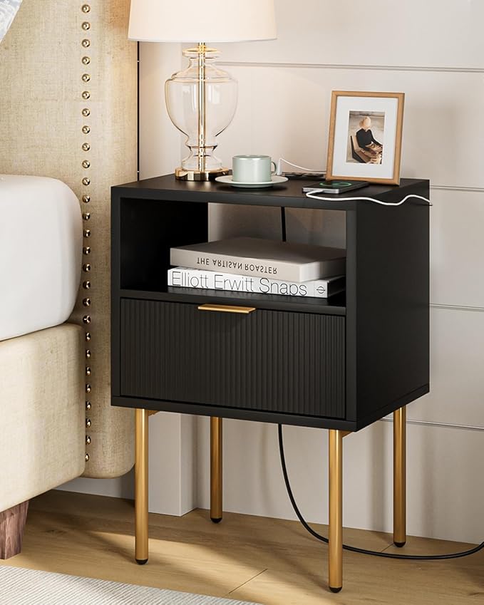 Masupu Nightstand with Charging Station, Mid-Century Modern Bedside Table with by Masupu