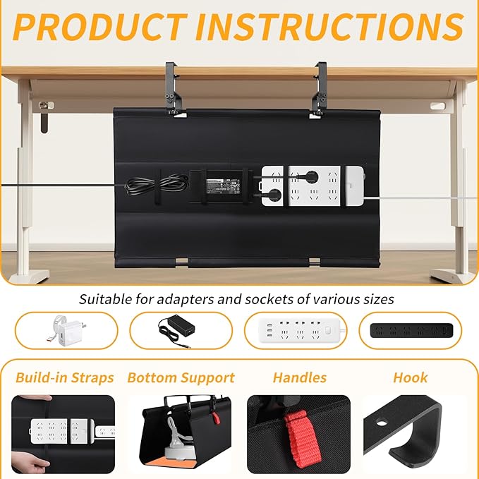 No Drill Under Desk Cable Management Tray, Fabric Cable Management - Image 5