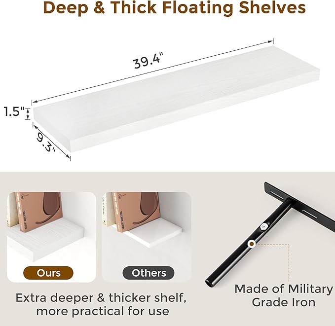 40 Inch Floating Shelves for Wall, 9.3 Inch Deep Shelves for Books & Decor - Image 3