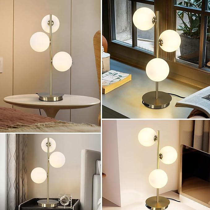 Modern Glass Globe Table Lamp 3 Lights Mid Century Small Gold Desk Lamp - Image 4