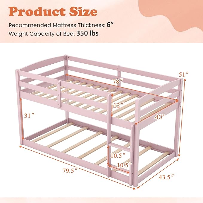 KOMFOTT Low Bunk Bed Twin Over Twin, Solid Wood Twin Bed Frame - Image 2