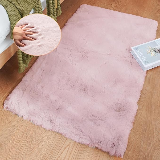 Pink Fuzzy Faux Washable Fluffy Fur Area Rugs by ORINOVA