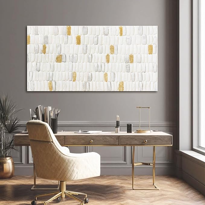 YETHEN WAL White and Gold Abstract Wall Art, Textured Geometric Canvas Painting - Image 2