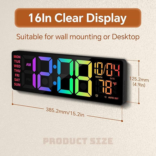 16" Digital Wall Clock with Night Light, Digital Clock with RGB Colors Changing - Image 2