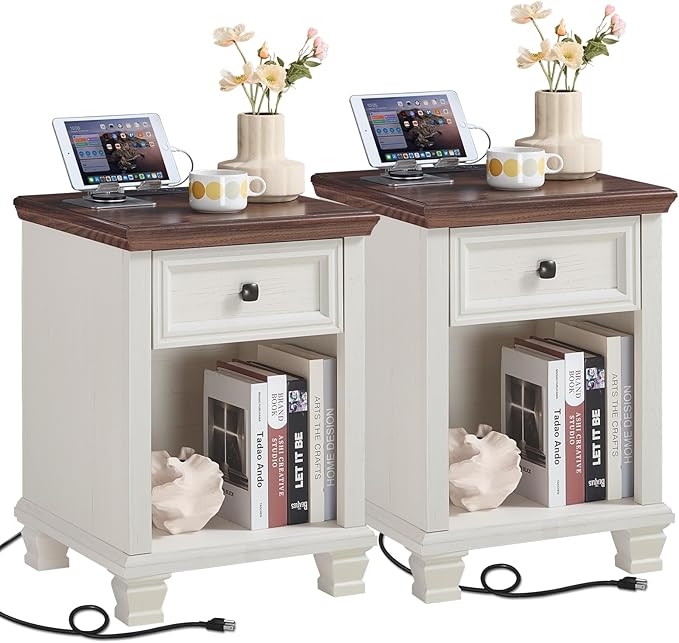 SAVOR LIFE Farmhouse End Tables Living Room Set of 2, Rustic Wood Nightstand by SAVORLIFEFurniture