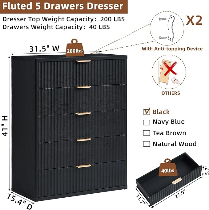 LEYAOYAO Fluted 5 Drawers Dresser Set of 2, Curved Profile Dresser TV Stand - Image 2
