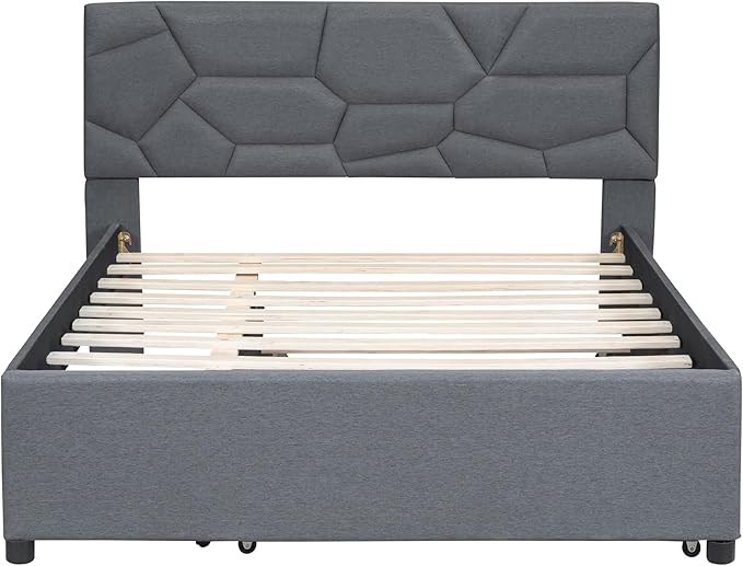 Full Size Bed Frame with Twin Size Trundle, Linen Upholstered Platform Bed - Image 7