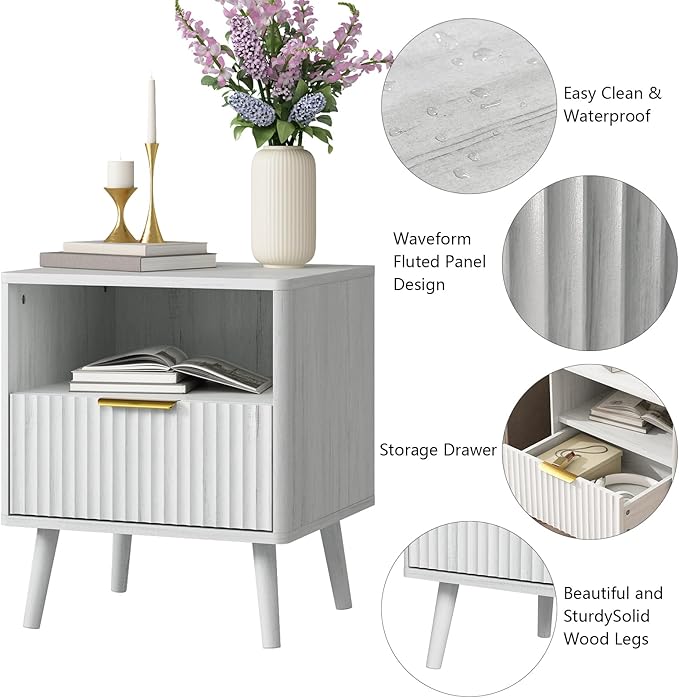 CARPETNAL Fluted Nightstand Set of 2, Wood End Table Mid Century Night Stands - Image 5