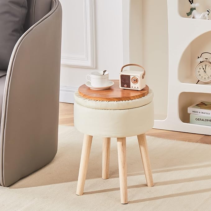 Mxfurhawa Storage Ottoman Linen Round Vanity Stool Tray Top Modern Foot Stool - Image 3