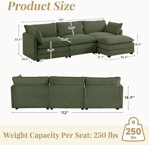 112'' Sectional Modular Cloud Couch, Oversized L Shaped 3 Seat Sofa - Image 2