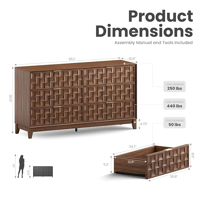 COLAMY Fluted Dresser for Bedroom, 6 Drawer Wood Dresser 55”, Chest of Drawers - Image 2