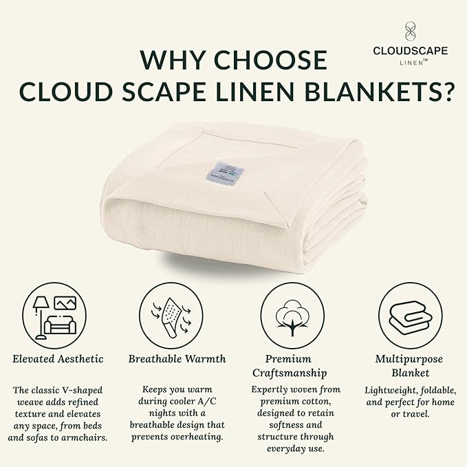 Cloud Scape Linen 100% Cotton Blanket King 92x108 Ivory - Image 3