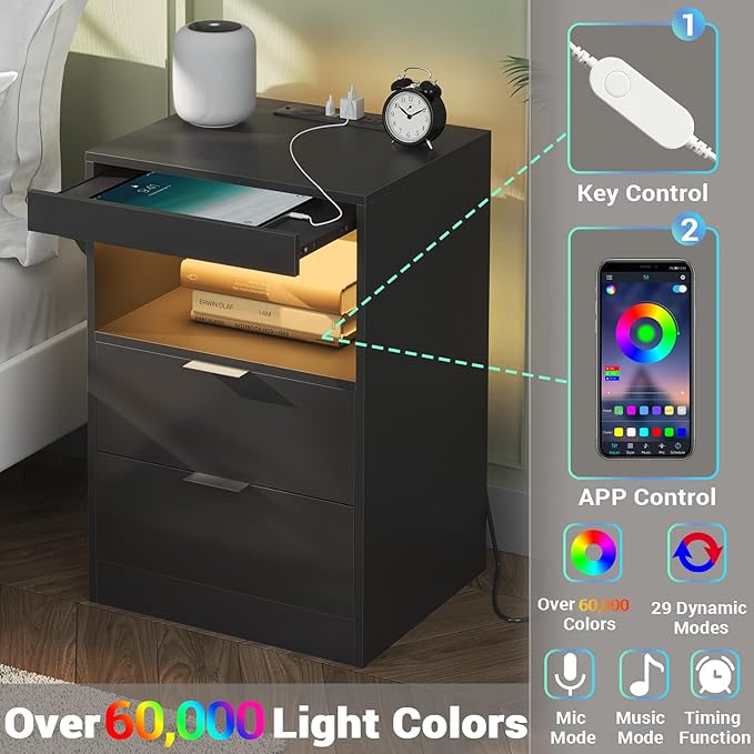 Tiptiper Black Nightstand with Wireless Charging Station and LED Lights - Image 5