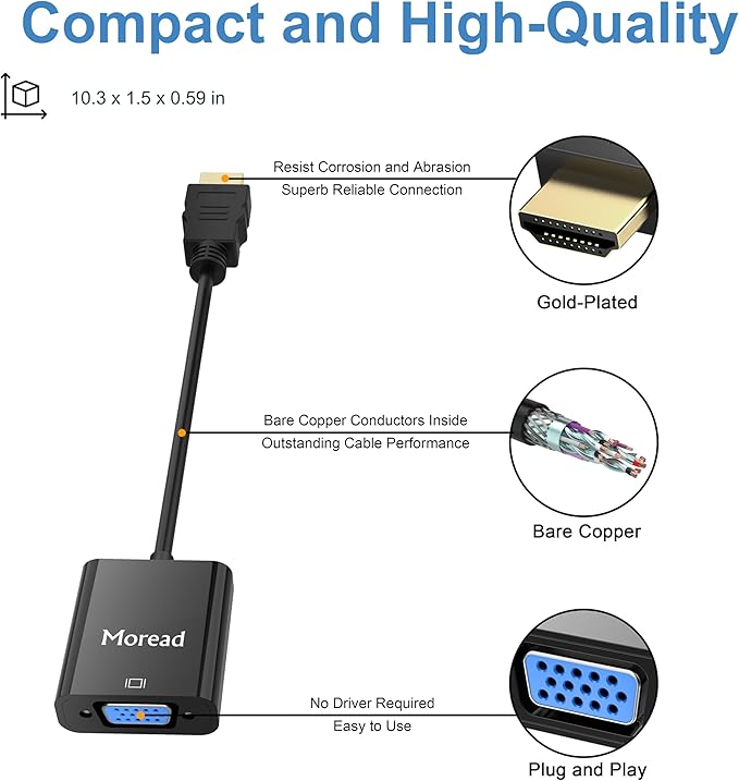 Moread HDMI to VGA, 5 Pack, Uni-Directional Gold-Plated HDMI to VGA Adapter - Image 5