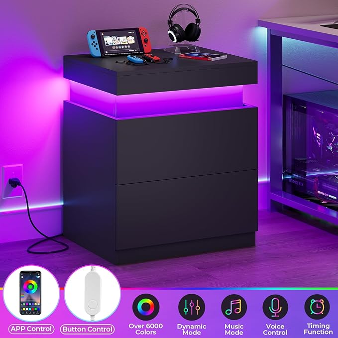 ADORNEVE Black Nightstand with Charging Station and LED Lights, Night Stand - Image 4