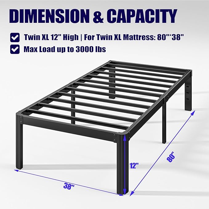 Hunlostten 12" Twin XL Heavy Duty Bed Frame No Box Spring Needed, Metal Twin XL - Image 2
