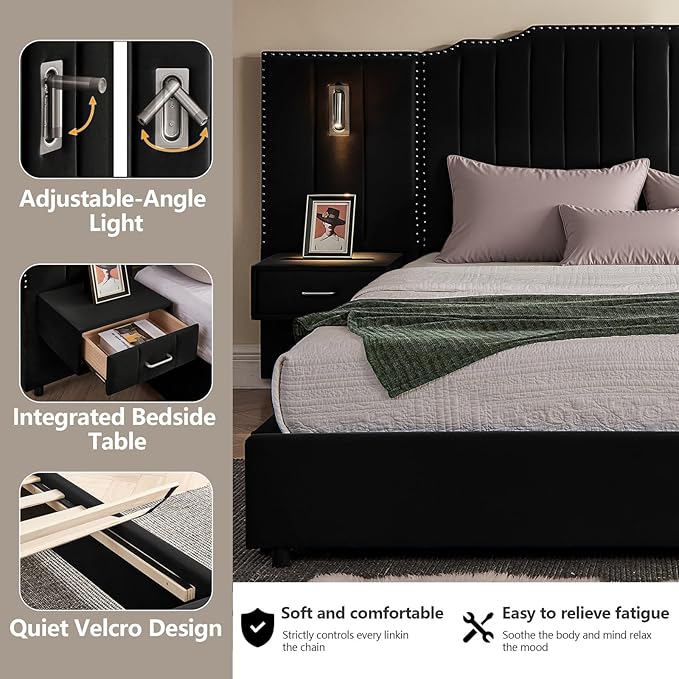 King Size Bed Frame with Storage, Luxury King Platform Bed Frame with Headboard - Image 4