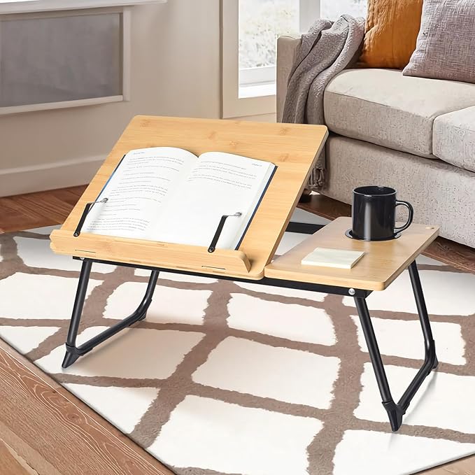 wishacc Book Stand for Reading in Bed, Bamboo Laptop Stand Adjustable Book - Image 2