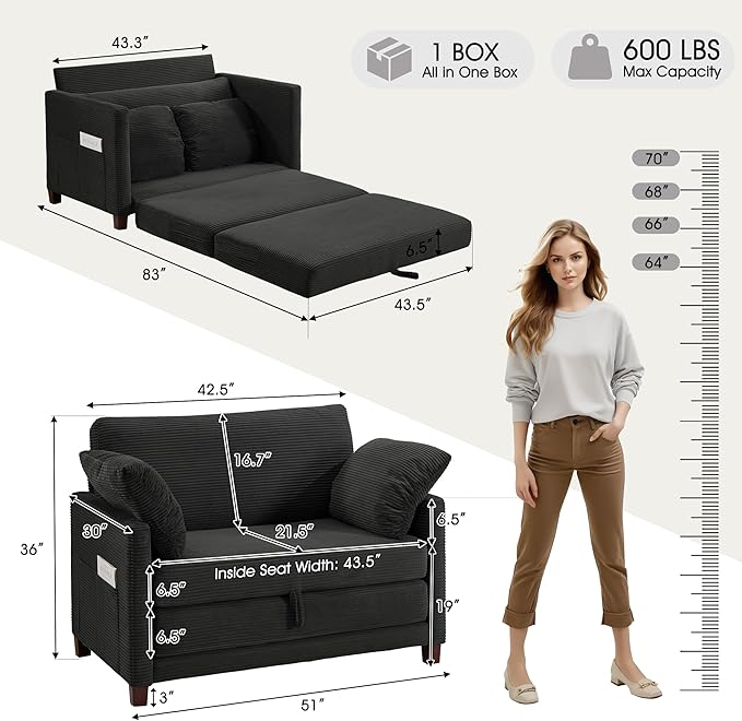 51" Loveseat Sleeper Sofa Bed, Corduroy Convertible Floor Sofa Bed - Image 2