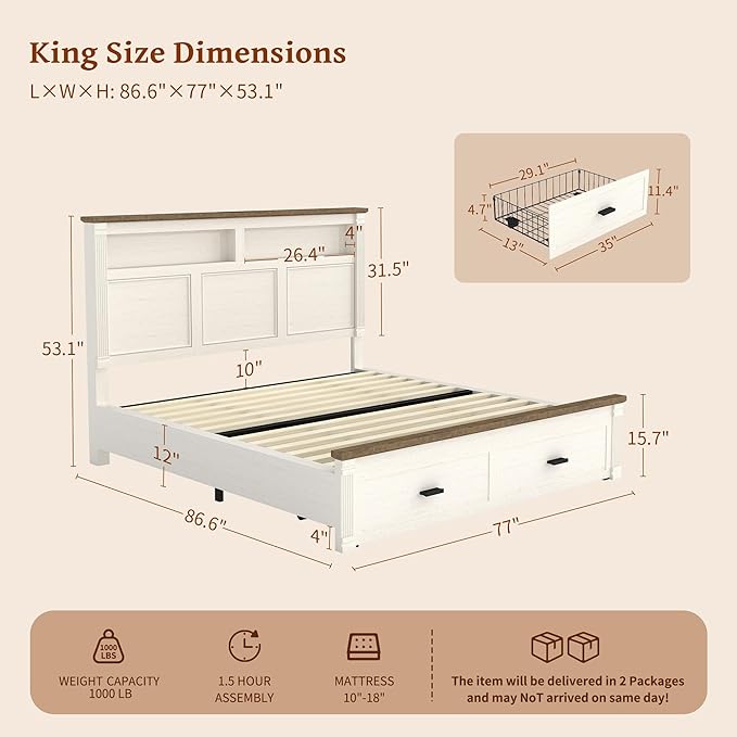 King Size Bed Frame with 53" Tall Headboard, Farmhouse Platform Bed Frame with - Image 2