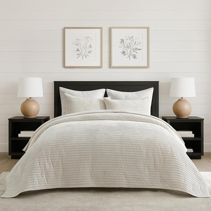 EVERGRACE Velvet Quilt Set King Size, Luxurious Soft Striped Channel Bedding Set by EverGrace