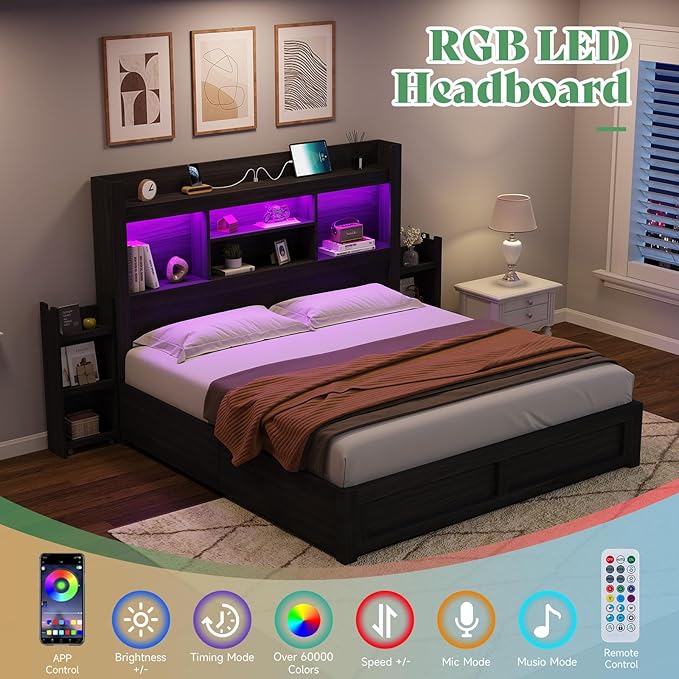 AMERLIFE Queen Bed Frame with 4 Storage Drawers, LED Bed Frame with 49.6" Tall - Image 3