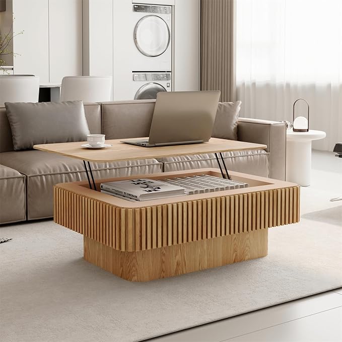 LKTART Lift Top Coffee Table for Living Room, Accent Fluted Coffee Table by LKTART