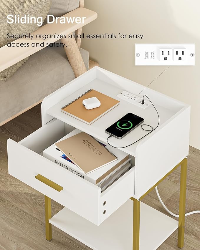 Masupu Nightstand with Charging Station, 3-Tier Modern Bedside Night Stand with - Image 3
