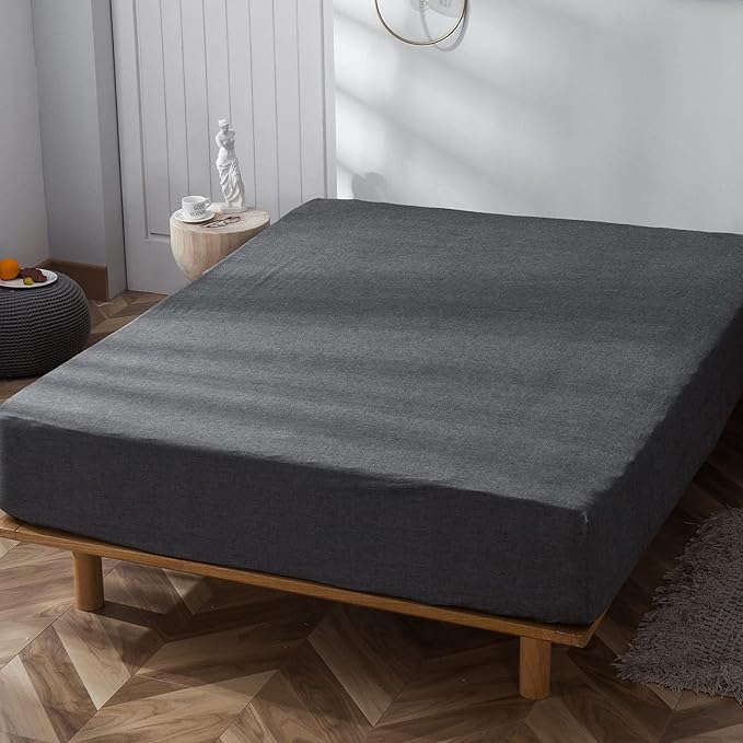 MooMee Fitted Bottom Sheet Only 100% Washed Cotton Linen Like Textured - Image 3