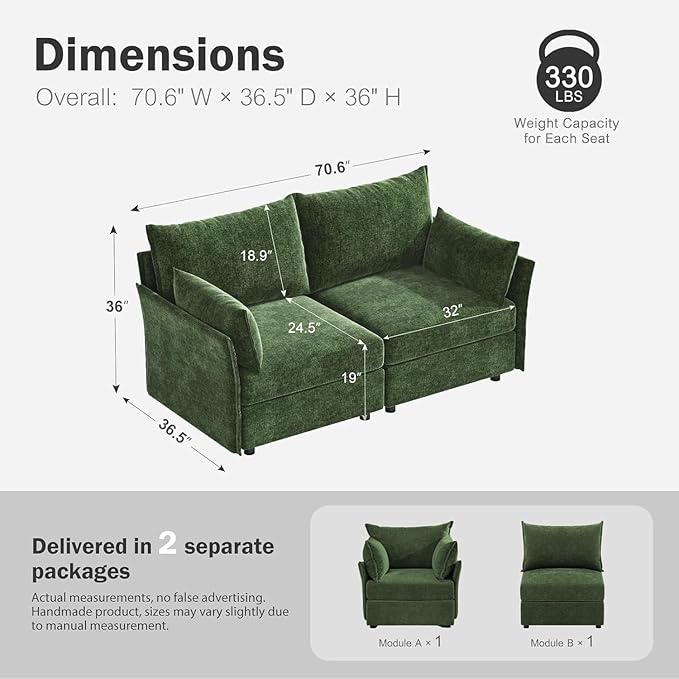 ABCASA Oversized Loveseat Sofa, Modern Modular Sectional Couch Green Fluffy - Image 2