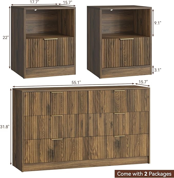 6 Drawer Dresser & Nightstand Set 3-Piece, 55” Wide Bedroom Set Night Stand Set - Image 2