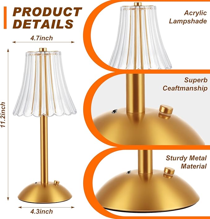 Liliful 6 Pcs Cordless Table Lamp Rechargeable Touch LED Small Gold Portable - Image 2
