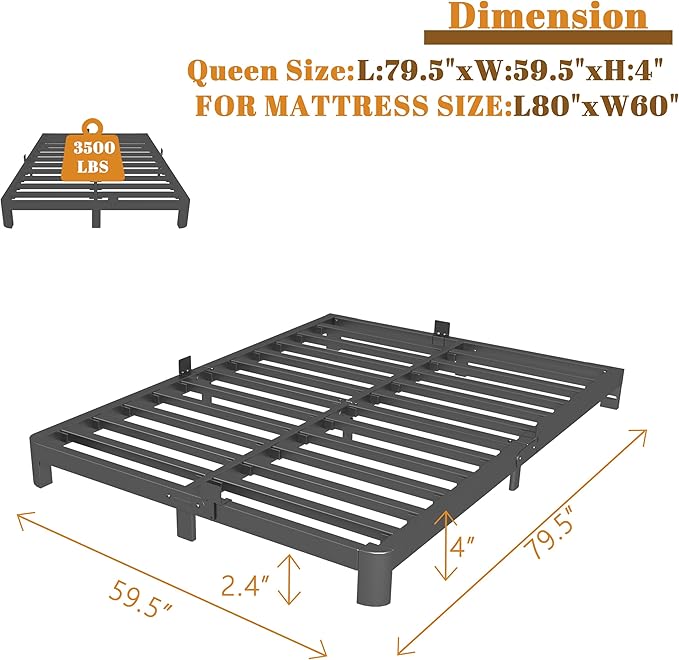 Queen Bed Frame 4 Inch Black, Metal Platform Bed Frame Queen Size - Image 2
