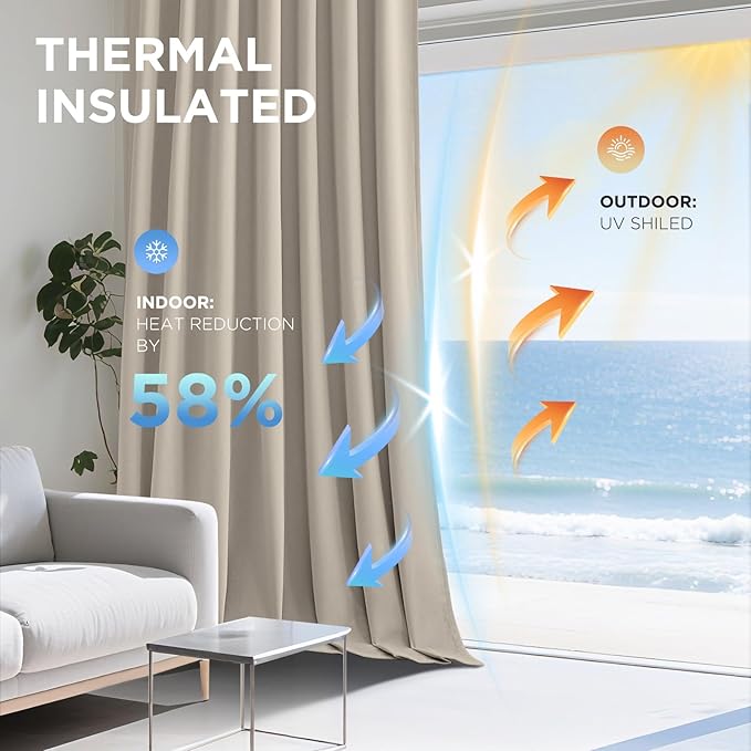 Joydeco Light Beige 100% Blackout Curtains 72 Inch 2 Panels, Luxury Thermal - Image 5