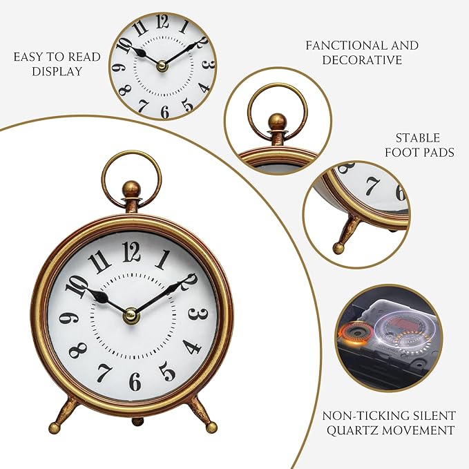 Small Gold Table and Shelf Desk Clock, Vintage Small Table Clock on Stand - Image 5