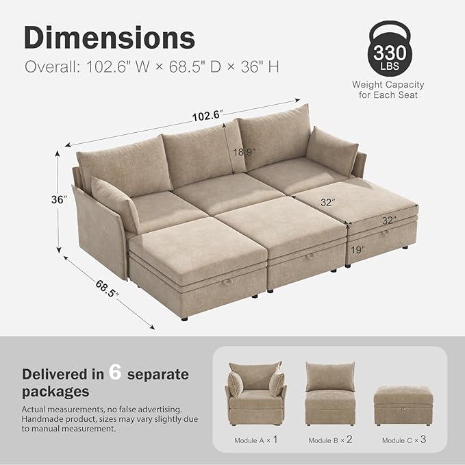 ABCASA 102.6" Luxury Modular Sleeper Sofa Bed 6 Seat Reversible Sectional Couch - Image 2