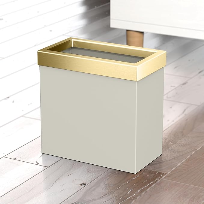 Gatco Modern Rectangle Wastebasket, Matte Pearl and Brushed Brass Combo - Image 3