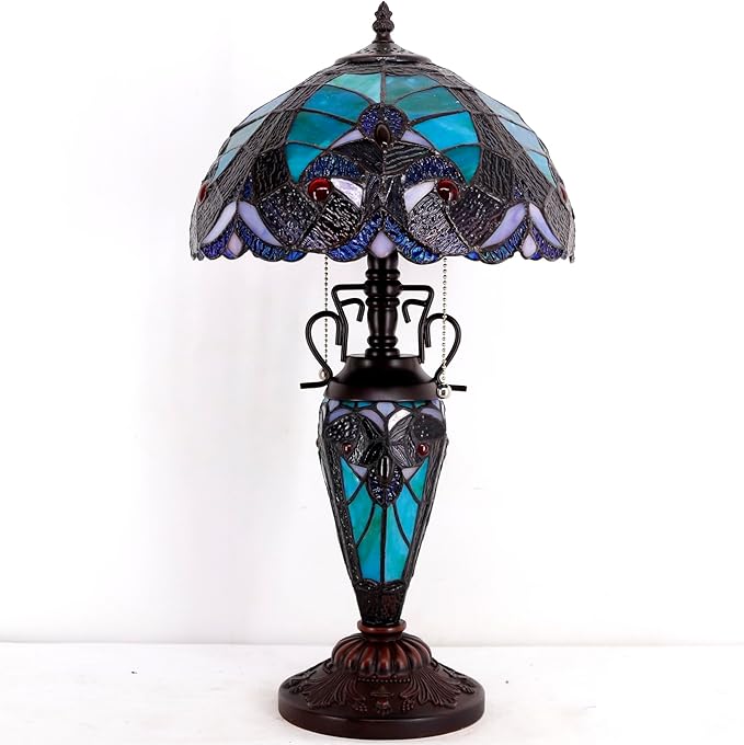 WERFACTORY Tiffany Style Table Lamp Green Stained Glass Liaison Lamp 12X12X22 - Image 3