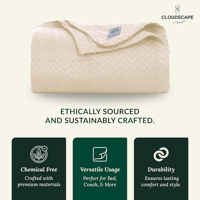 Cloud Scape Linen 100% Cotton Blanket King 92x108 Ivory - Image 5