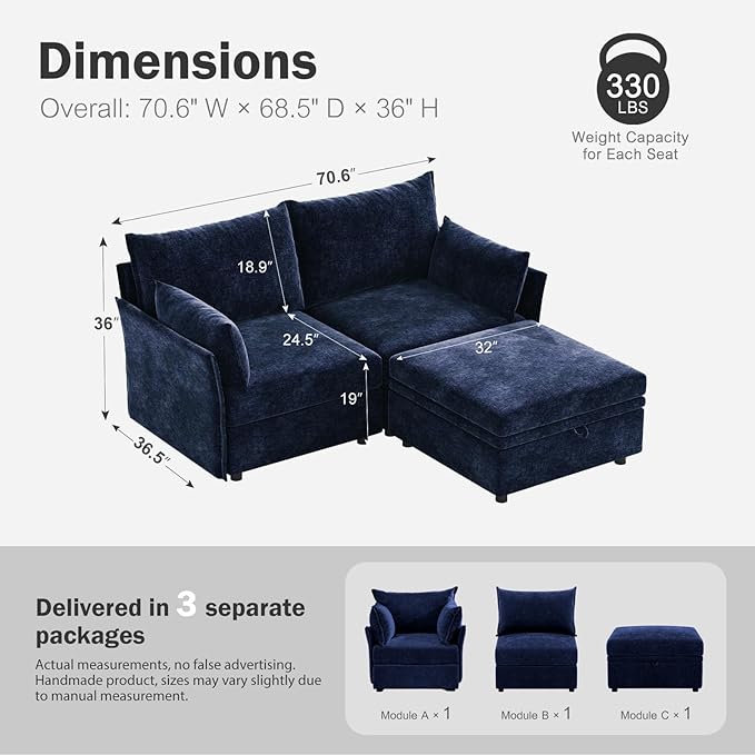 ABCASA Luxury Modular Sectional Sofa, L-Shaped 3-Seat Couch - Image 2