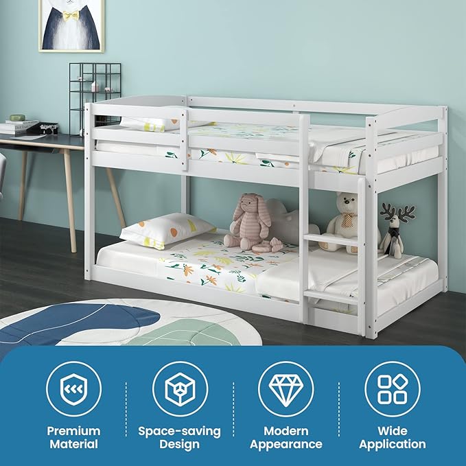 KOMFOTT Low Bunk Bed Twin Over Twin, Solid Wood Bunk Bed Frame - Image 5