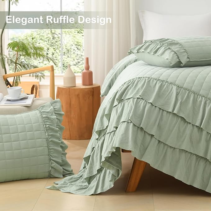 HORIMOTE HOME Asakusa Green Ruffled Quilt Set Twin Size, Geometric Square - Image 5