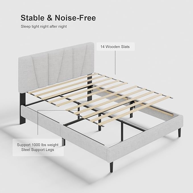 Full Size Bed Frame with Fabric Upholstered Headboard, Platform Bed with Wooden - Image 4